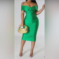 Description: Dress Off Shoulder Short Sleeves Ruched No Closure 82% Polyester 18% Elastane Hand Wash Cold Green Pleated Draped Dress, Green Ruched Knee-length Bodycon Dress, Green Bodycon Dress With Ruched Detail, Green Ruched Midi Dress For Party, Spring Draped Ruched Bodycon Dress, Green Ruched Midi Dress For Cocktail, Spring Knee-length Ruched Bodycon Dress, Knee-length Ruched Bodycon Dress For Brunch, Spring Green Ruched Bodycon Dress