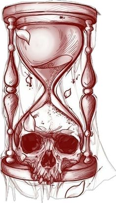 a drawing of an hourglass with a skull inside