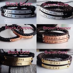 four different types of bracelets with names on them