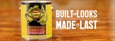 a can of mustard sitting on top of a wooden table with the words built - in looks made to last