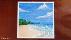 a painting of a beach with blue water and white clouds in the sky above it