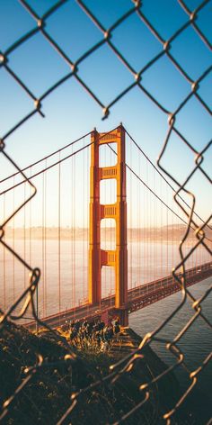 the golden gate bridge as seen through a chain link fence