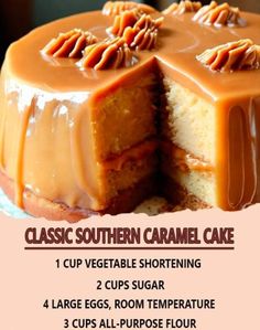 a close up of a cake with the words classic southern caramel cake