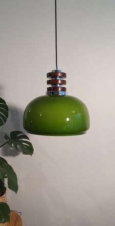 a green lamp hanging from a ceiling next to a potted plant on a table