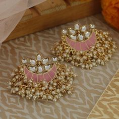 Pink Earrings Aesthetic, Golden Earrings Indian, Pink Earrings Indian, Pink Earrings Studs, Jhumka Aesthetic, Pink Jhumka, Pink Jewellery, Bridal Jewellery Inspiration, Indian Jewelry Earrings