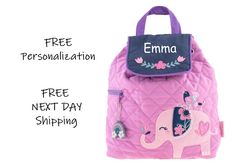 "DESCRIPTION: Send your little one off to preschool with an adorable Stephen Joseph Elephant Quilted Backpack. Kids love these unique, fun and colorful packs, and Moms love them because they're easy to care for and can also double as a diaper or change bag. Each style of Quilted Backpack comes with a beautifully embroidered design and a fun, coordinating zipper pull - making them as individual as your child is. FREE PERSONALIZATION: 1.Select a thread color from the options provided in the drop d Elephant Backpack, Elephant Quilt, Bag Names, Quilted Backpack, Toddler Backpack, Personalized Backpack, Embroidered Name, Girls Dress Up, Dance Bag