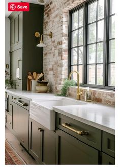 an image of a kitchen setting with brick walls and white counter tops, gold faucets