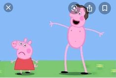 peppa pig and his friend are playing with each other in the grass, one is pointing