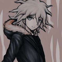 an anime character with white hair and blue eyes wearing a black coat, standing in front of trees