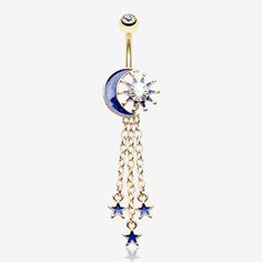 Golden Blue Sparkle Crescent Moon Sun and Stars Belly Button Ring-Clear Blue Crescent Jewelry With Sun And Moon Design, Moon Sun And Stars, Dangle Belly Rings, Blue Sparkle, Navel Piercing, Belly Button Ring, Moon Sun, Blue Sparkles, Button Ring