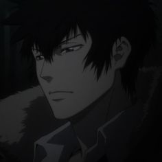 an anime character with black hair wearing a fur coat and looking off into the distance