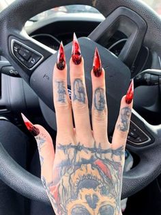 Punk Almond Nails, Nail Nail Designs, Blood Nails, Acrylic Nails Ideas, Red Stiletto Nails, Horror Nails, Art Designs Ideas, Pointy Nails