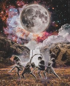 three people are dancing in front of a waterfall with the moon above them and stars