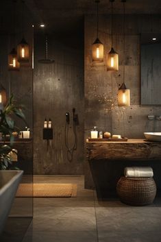 a bathroom that has some lights in it