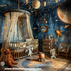 a child's room with stars and planets painted on the walls, including a crib