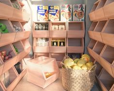 there is a basket full of apples in front of the bookshelves and shelves