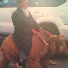 an old man riding on the back of a brown bear next to a white car