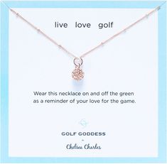 FEATURES Pendant necklace features an 8mm sterling silver plated golf ball charm Ready to gift on our jewelry stationery Complements Chelsea Charles’ Golf Ball Earrings and Golf Goddess Stroke Counter Bracelets MATERIALS Silver Necklace: 18” chain in sterling silver with spring-ring closure and brand logo at the clasp Gold Necklace: 14k gold-filled 18" chain with spring-ring closure and brand logo at the clasp Golf Wear, Ball Earrings, Golf Accessories, Live Love, Golf Ball, Spring Rings, Charm Necklace, Brand Logo, Gold Filled