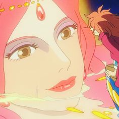 two anime characters one with pink hair and the other wearing gold jewelry, staring at each other