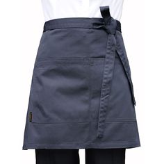 a chef's apron with an adjustable belt and two pockets on the front, in dark blue