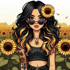 a girl with sunflowers in the background