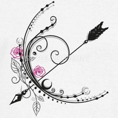 an arrow and rose tattoo design with swirls on the side, in black and white