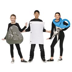 three people in costumes holding scissors and an object that looks like a piece of paper