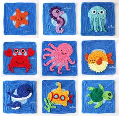 nine crocheted squares with different types of sea animals on them, all in blue