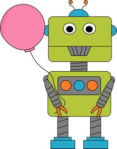 a green robot holding a pink balloon