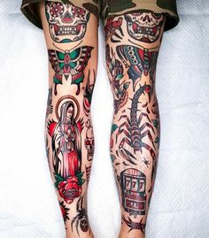 a person with tattoos on their legs and leggings, both covered in tattoos