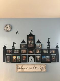 there is a clock on the wall with many pictures