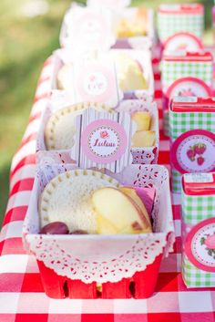 an outdoor picnic with red and white checkered table cloths, cupcakes and cookies