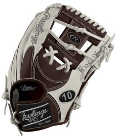 a brown and white baseball glove with the word rawlings on it's side