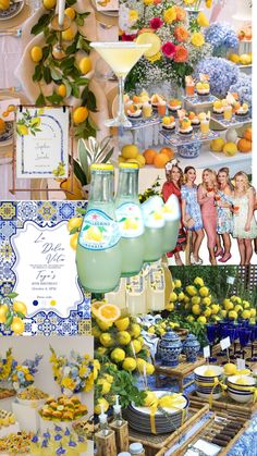 a collage of photos with lemons and drinks