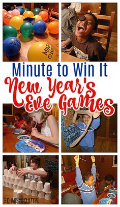 a collage of photos with the words, minute to win it new year's eve games