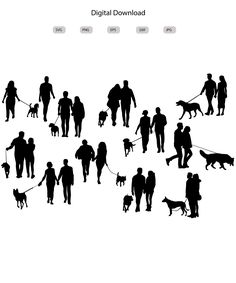 silhouettes of people walking their dogs on a white background with the words digital download above them