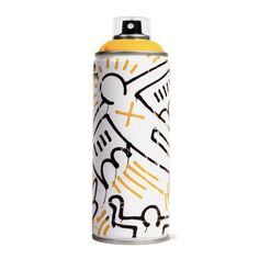 a white can with yellow and black designs on the side, in front of a white background