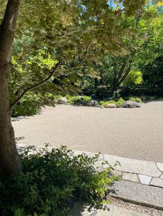 an empty stone path in the middle of a park with trees and bushes around it