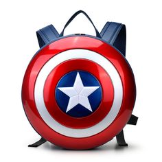 the captain's shield backpack is red, white and blue with a star on it