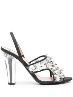 black/silver-tone calf leather smooth grain transparent design crystal embellishment round open toe branded leather insole high transparent block heel leather outsole elasticated slingback strap Tone Calves, Transparent Design, Crystal Embellishment, Nappa Leather, Black Sandals, Moschino, Women's Shoes Sandals, Leather Sandals, Shoes Women Heels