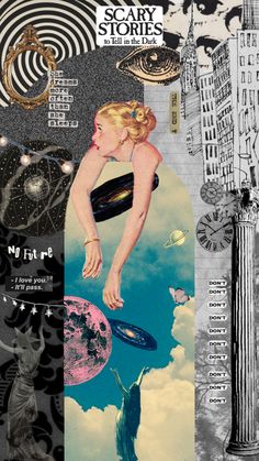 a collage of various images with the words scary stories written on them and an image of a woman flying through the sky