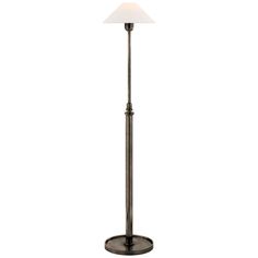 a floor lamp with a white shade on the top and bottom part of it's arm