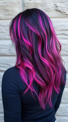 Dark Oil Slick Hair, Hot Pink Streaks In Black Hair, Purple Hair With Red Highlights, Dark Hair With Hot Pink Highlights, Purple And Fuschia Hair, Magenta Hair Ombre, Summer Vivid Hair Color, Pink And Dark Brown Hair, Pink Red Hair Color