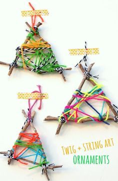 three christmas trees made out of clothes pins and sticks with the words twig string art ornaments