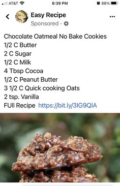 chocolate oatmeal no bake cookies are stacked on top of each other