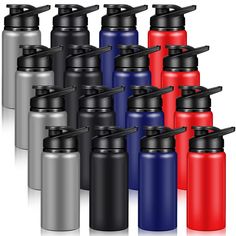 thermos bottles are lined up in different colors