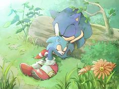 sonic the hedgehog is hugging his friend in front of a tree and flower garden