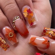 Fall Nails Encapsulated Leaves, Fall Nails With Leafs, Fall Nails Ideas Orange, 3d Leaf Nails, Fall Encapsulated Nail Designs, Fall Nails 3d Art, Pumpkin And Leaves Nails, Fall Nails Leaves Autumn, Thanksgiving Coffin Nails