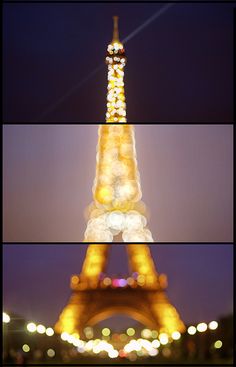 the eiffel tower is lit up at night and it's lights shine brightly