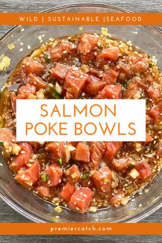 salmon poke bowls in a glass bowl with text overlay